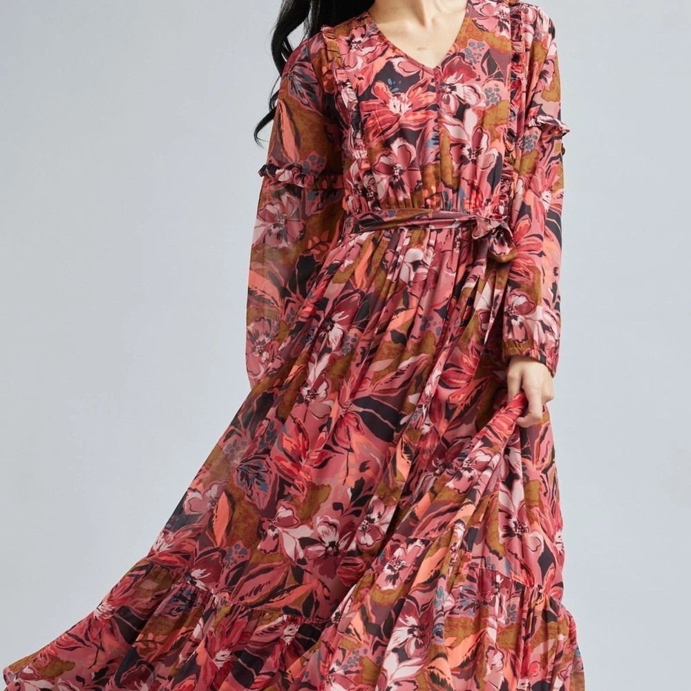 Downeast Dress‎ L Floral Boho Cottagecore Tiered Fairycore Prairie Maxi Lined